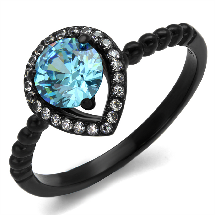 Womens .9 Ct Sea Blue Halo Cz Black Stainless Steel Engagement Ring Size 5-10 Image 1