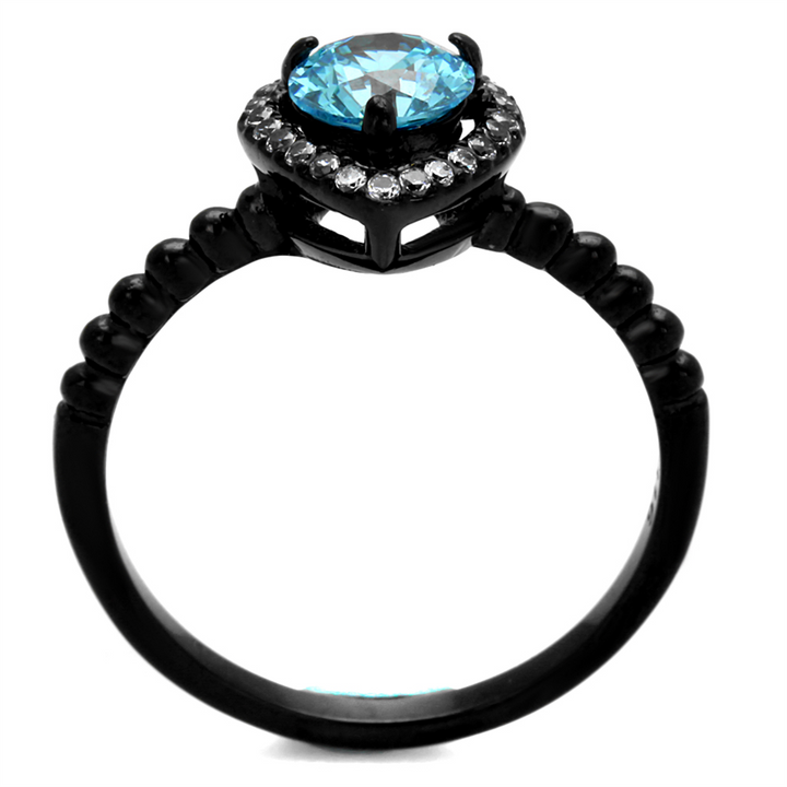 Womens .9 Ct Sea Blue Halo Cz Black Stainless Steel Engagement Ring Size 5-10 Image 3