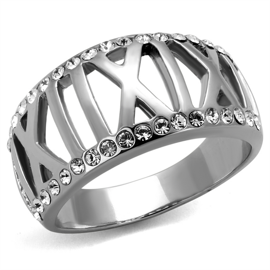 Stainless Steel Roman Numeral Crystal Anniversary Ring Band Womens Size 5-10 Image 1