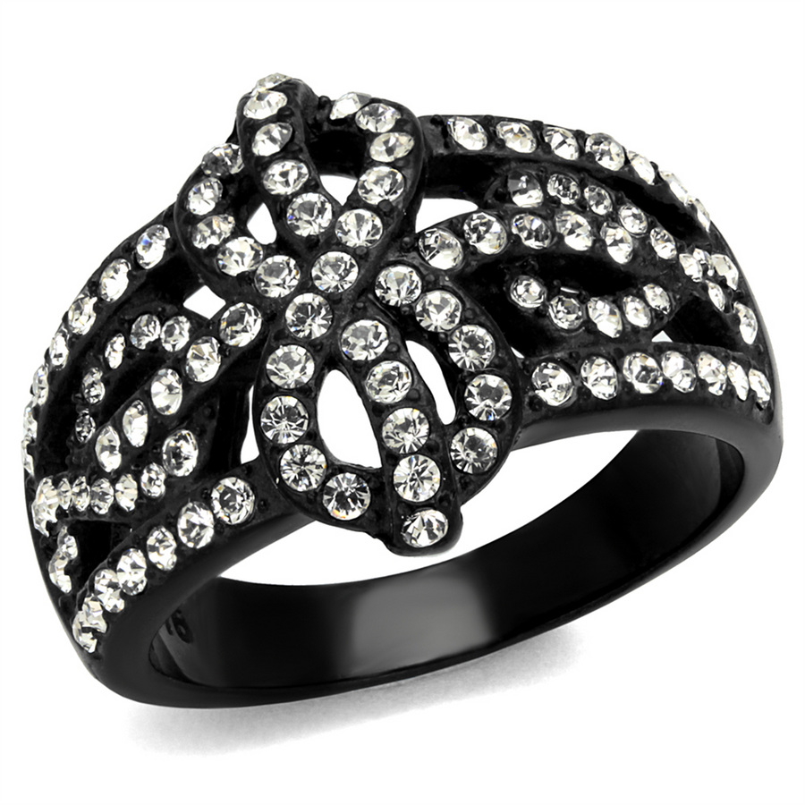 Stainless Steel Black Ion Plated Bow Design Crystal Fashion Ring Womens Sz 5-10 Image 1