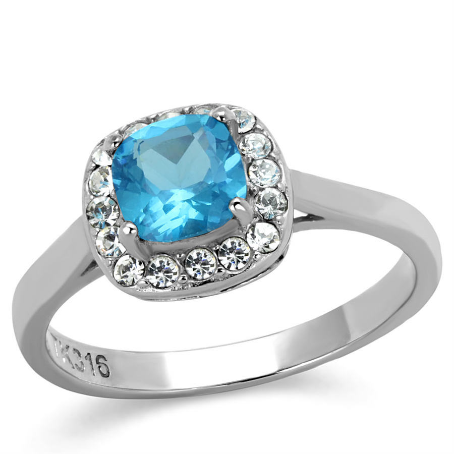 Womens .92 Ct Cushion Cut Sea Blue Cz Stainless Steel Halo Engagement Ring 5-10 Image 1
