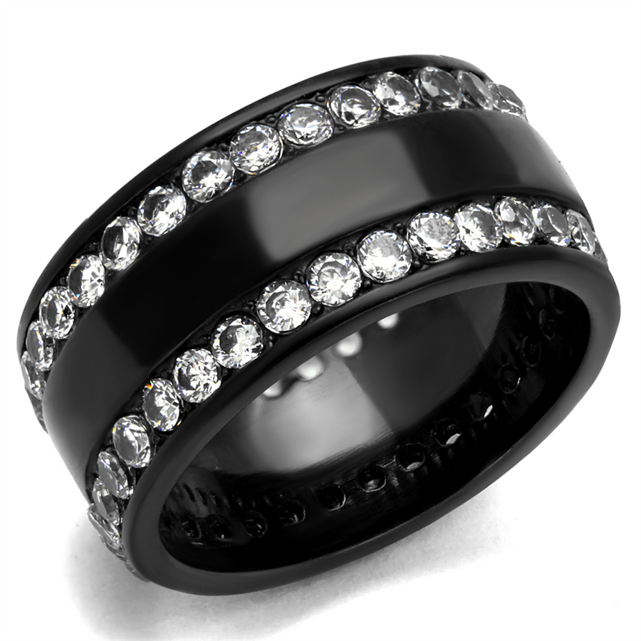 Womens Double Lined Clear Cubic Zirconia Black Stainless Steel Wide Band Ring Image 1