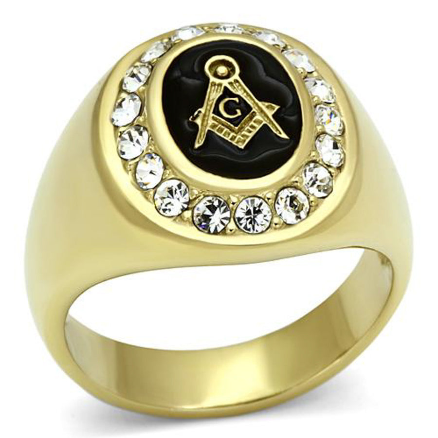 Mens Stainless Steel 14K Gold I.P. Crystal Masonic Freemason Ring Band Sz 8-13 Image 1