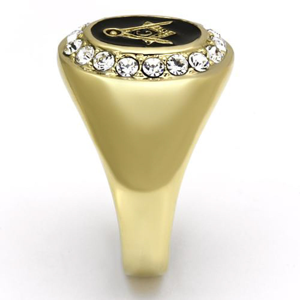 Mens Stainless Steel 14K Gold I.P. Crystal Masonic Freemason Ring Band Sz 8-13 Image 4