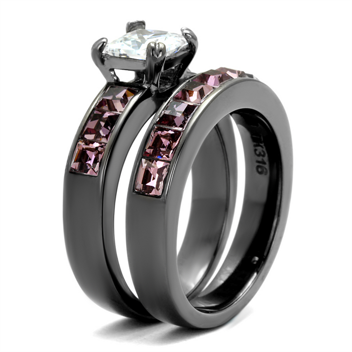 Womens 3.75 Ct Princess Cut Aaa Cz Light Black Stainless Steel Wedding Ring Set Image 4