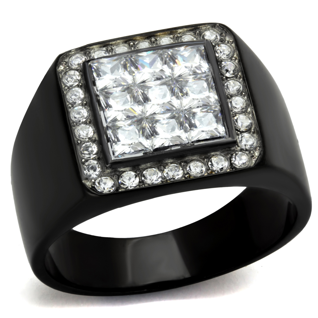 Mens Princess Cut Simulated Diamond Stainless Steel Black Plated Ring Size 8-13 Image 1