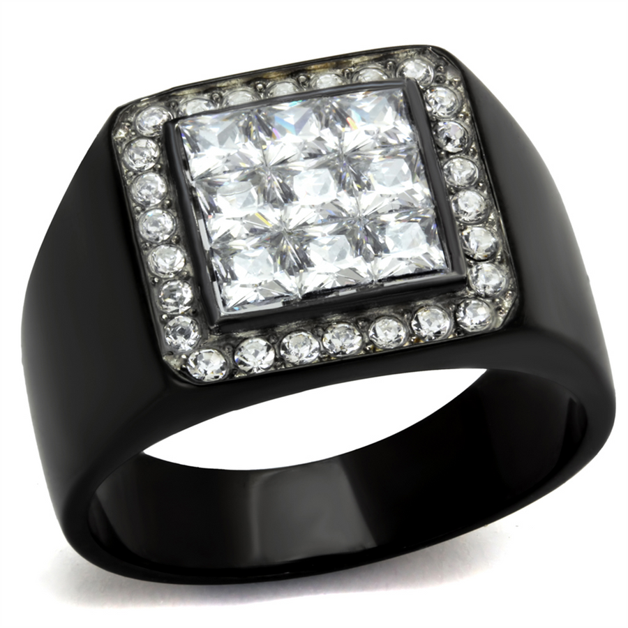 Mens Princess Cut Simulated Diamond Stainless Steel Black Plated Ring Size 8-13 Image 1