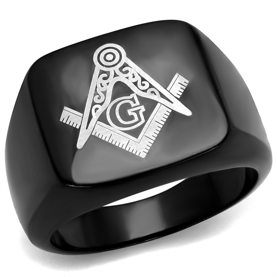 Mens Stainless Steel Black Ion Plated Masonic Lodge Freemason Ring Band Sz 8-13 Image 1