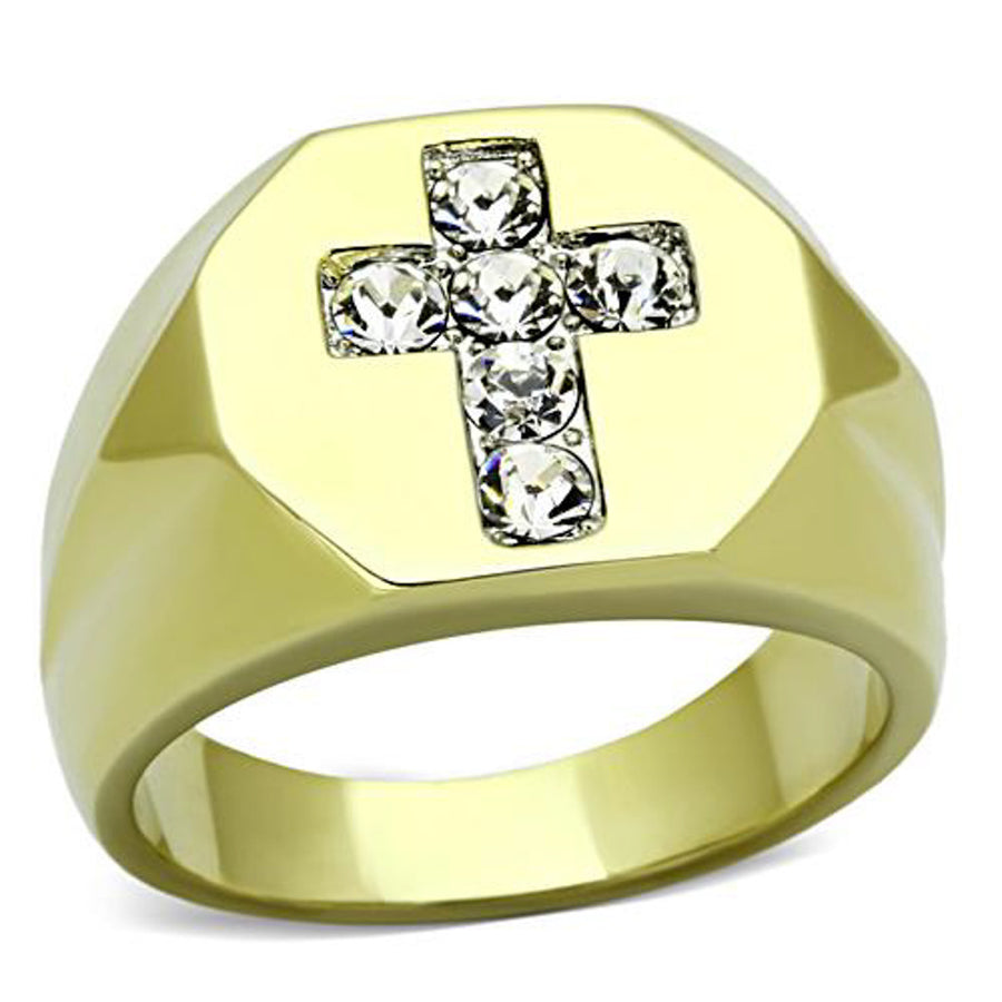 Mens Stainless Steel 14K Gold Ion Plated Simulated Diamond Cross Ring Size 8-13 Image 1