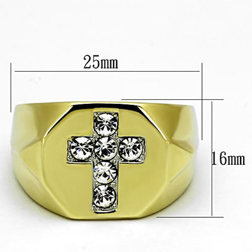 Mens Stainless Steel 14K Gold Ion Plated Simulated Diamond Cross Ring Size 8-13 Image 2