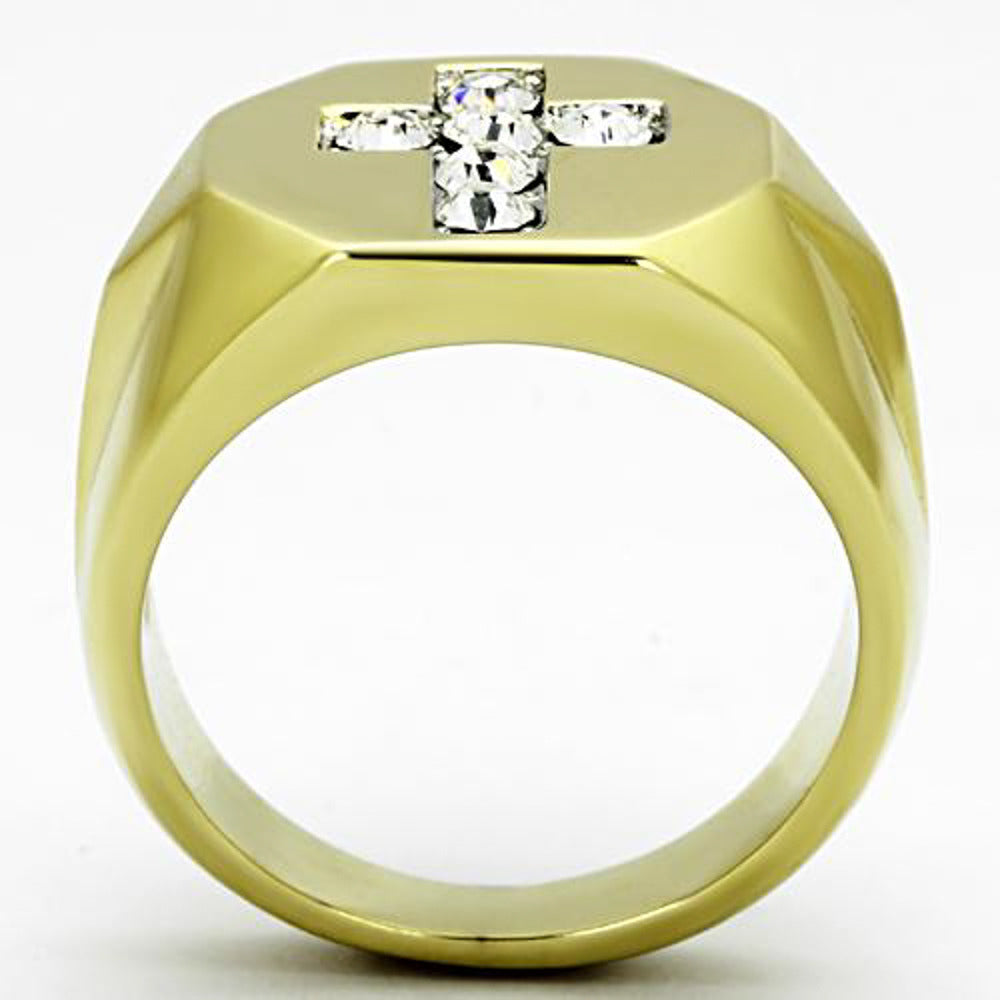 Mens Stainless Steel 14K Gold Ion Plated Simulated Diamond Cross Ring Size 8-13 Image 3