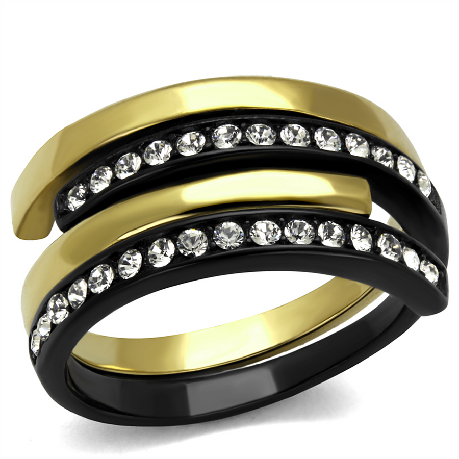 Womens 2 Piece Black and Gold Plated Stainless Steel Crystal Cuff Fashion Ring Size 5-10 Image 1