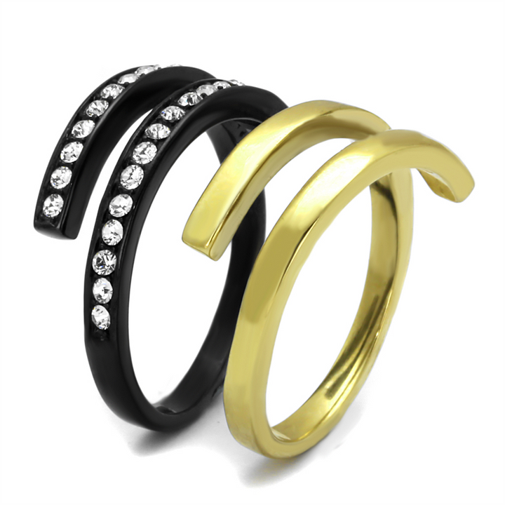 Womens 2 Piece Black and Gold Plated Stainless Steel Crystal Cuff Fashion Ring Size 5-10 Image 4