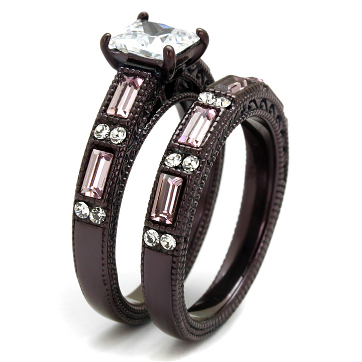 Brown Stainless Steel Antique Design Cz Multi-Stone 2Pc Wedding Ring Set Sz 5-10 Image 4