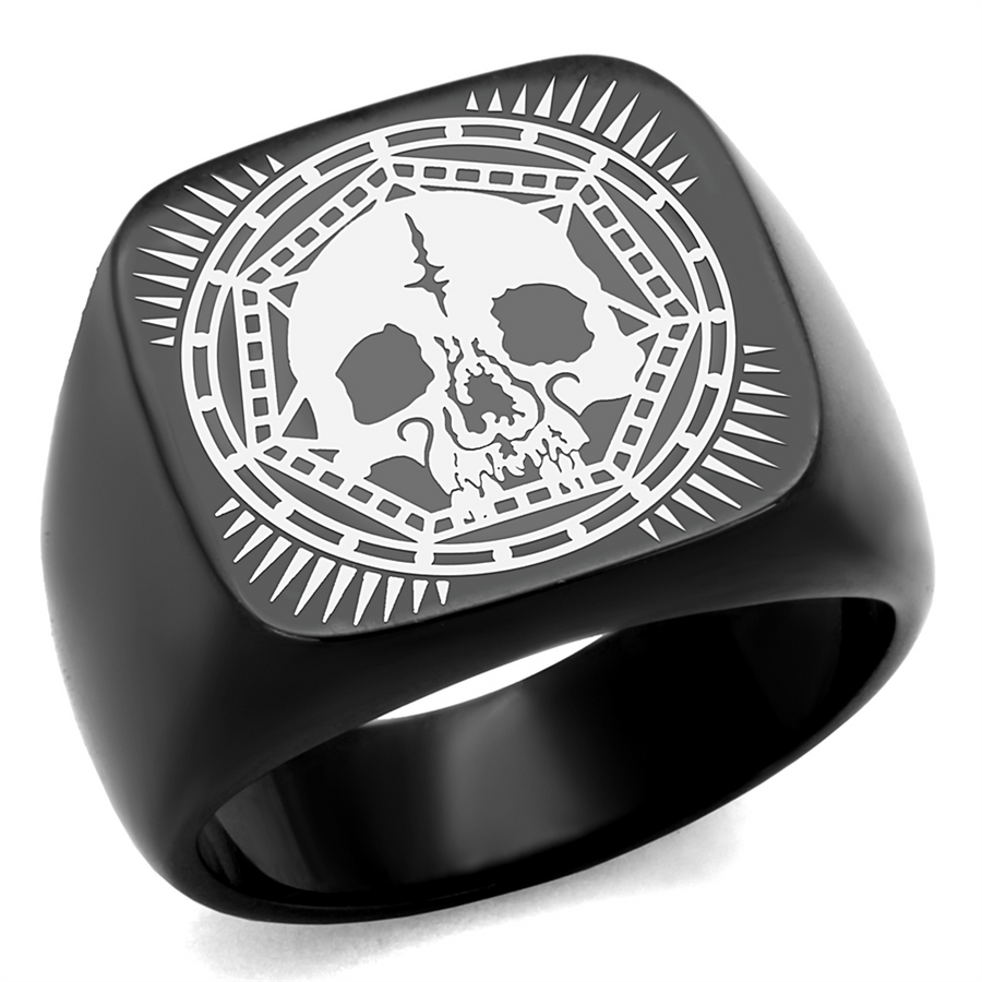 Mens Stainless Steel Black Ion Plated Skull Ring Band Size 8-13 Image 1