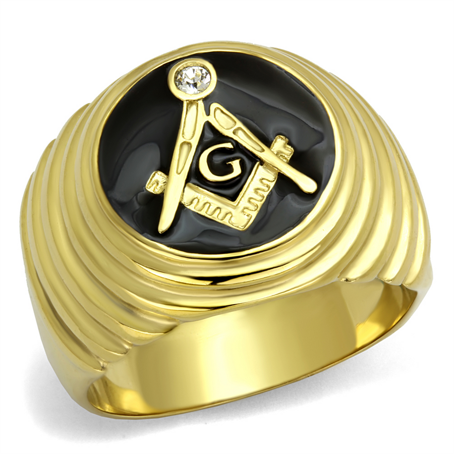 Stainless Steel 14K Gold I.P. Crystal Masonic Lodge Freemason Ring Mens Sz 8-13 Image 1
