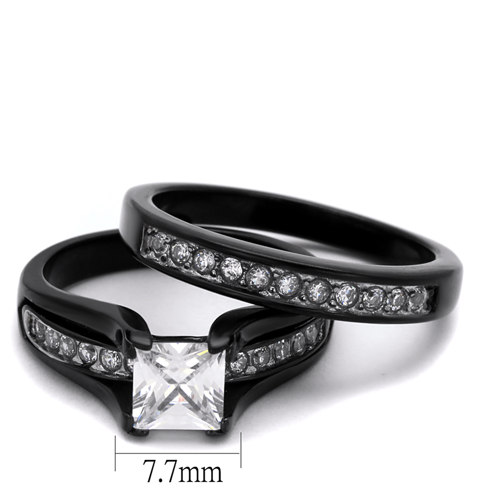 Stainless Steel Black Ion Plated His (6mm Width) and Hers 3pc Wedding Engagement Ring Band Set Image 4