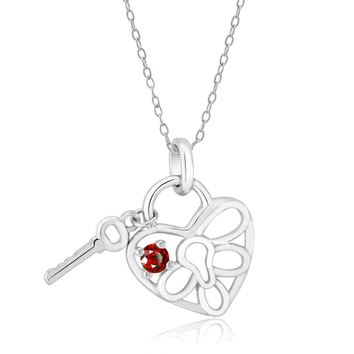 Sterling Silver January/Garnet CZ Heart Lock Birthstone Necklace Image 1
