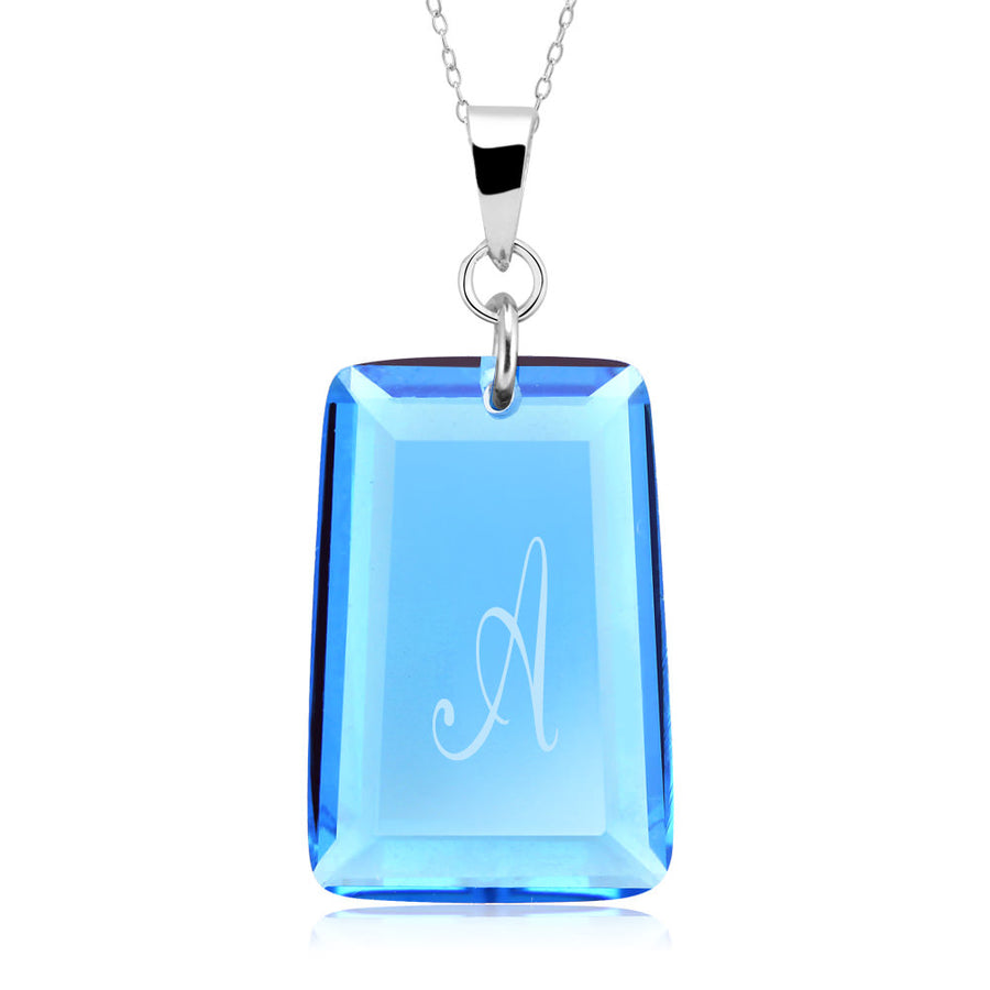 Sterling Silver March/Aqua CZ Laser Engraved Initial A Birthstone Necklace Image 1