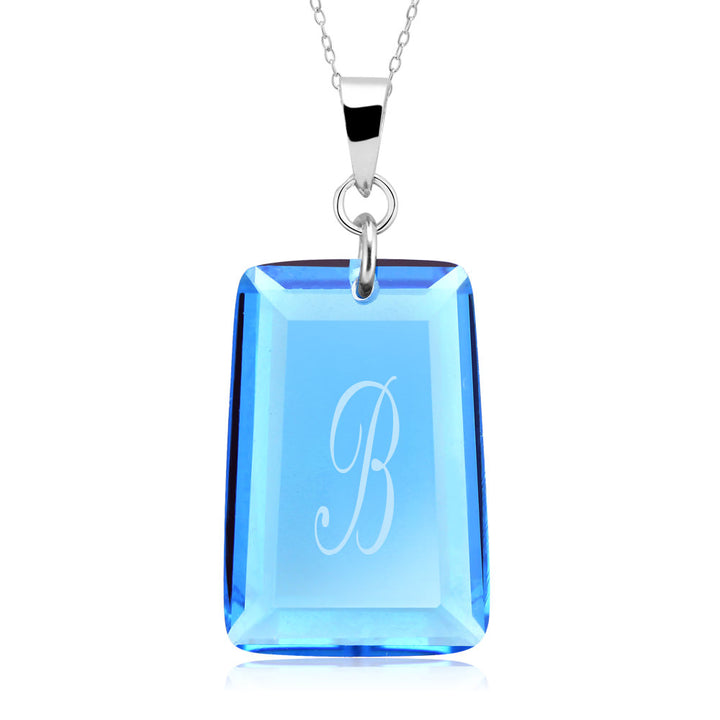 Sterling Silver March/Aqua CZ Laser Engraved Initial A Birthstone Necklace Image 2