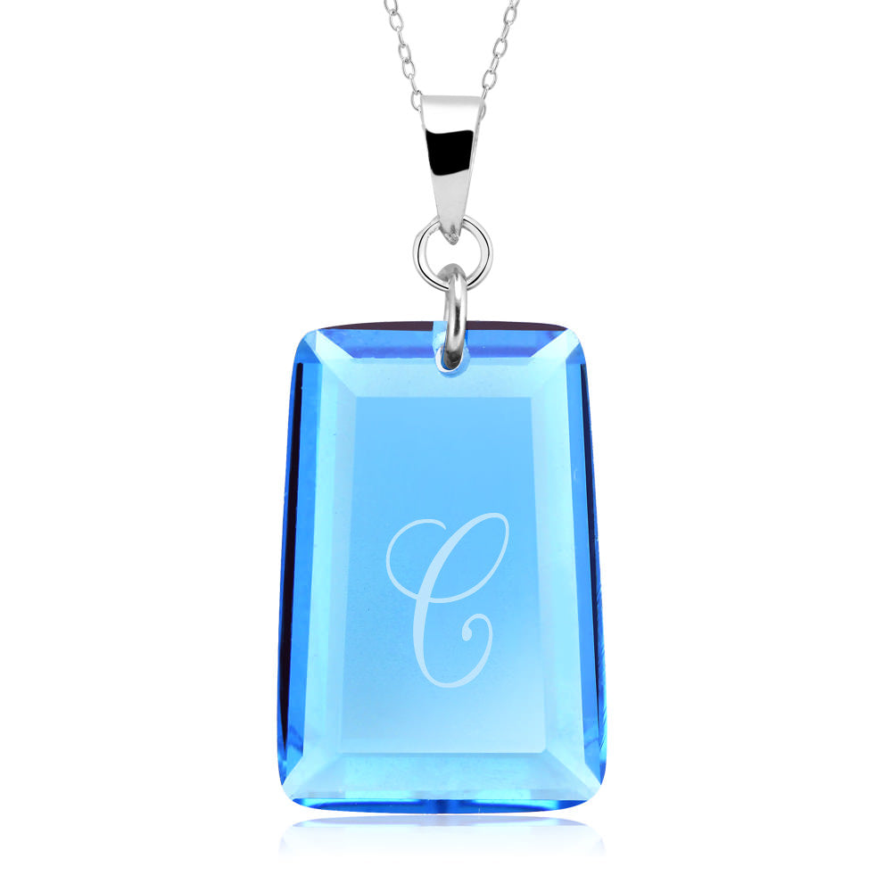 Sterling Silver March/Aqua CZ Laser Engraved Initial A Birthstone Necklace Image 3