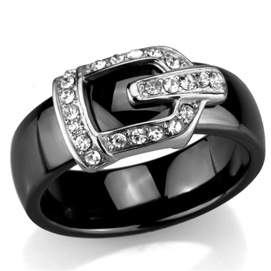 Stainless Steel Black Ceramic 6mm Wide Crystal Buckle Rings Size 6 - 8 Image 1