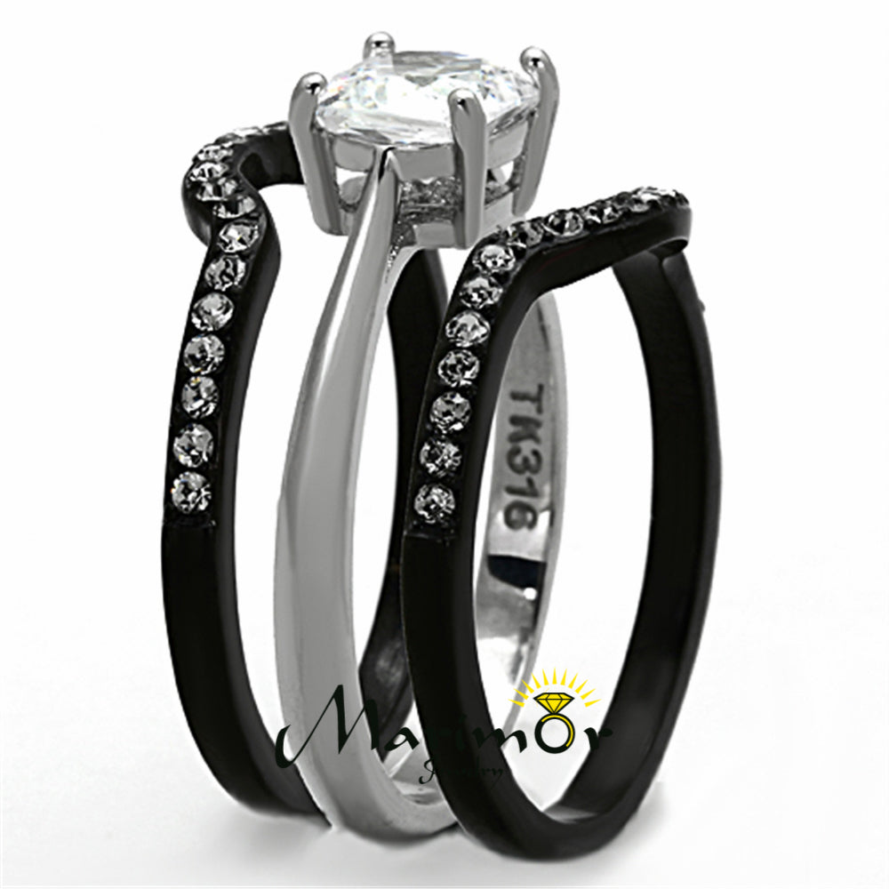 Black Stainless Steel His and Hers 4pc Wedding Engagement Ring and Classic Band Set Image 2