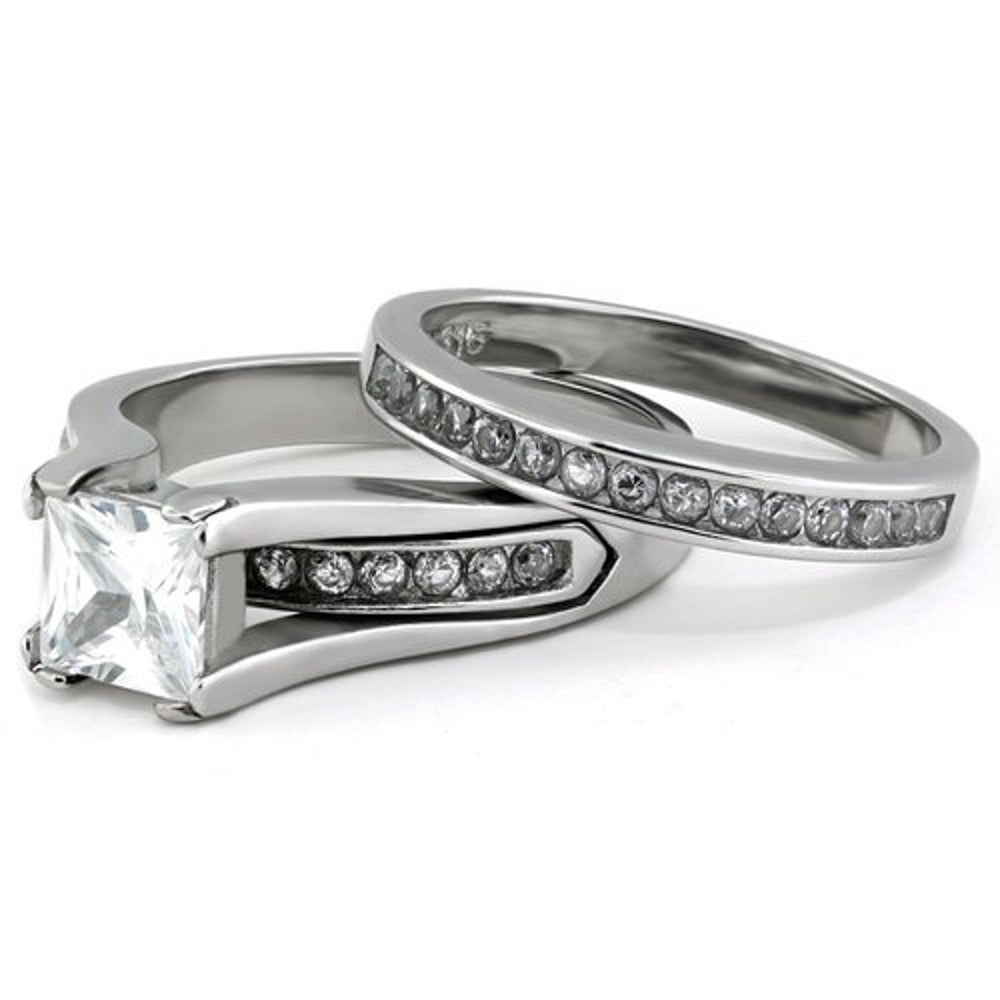 Her and His 3pc Titanium and Silver Stainless Steel Wedding Engagement Ring Band Set Image 2