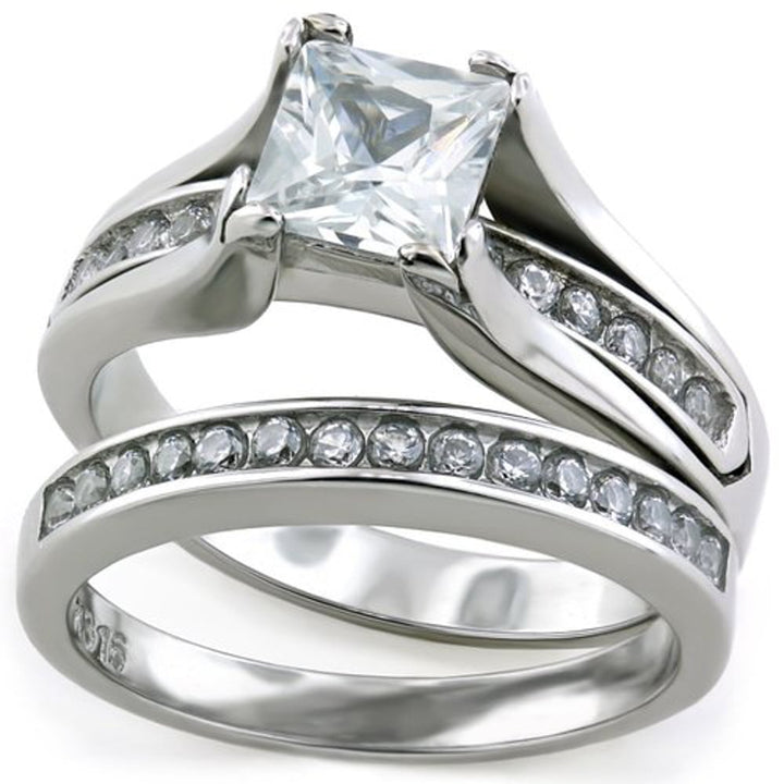 Her and His 3pc Titanium and Silver Stainless Steel Wedding Engagement Ring Band Set Image 4