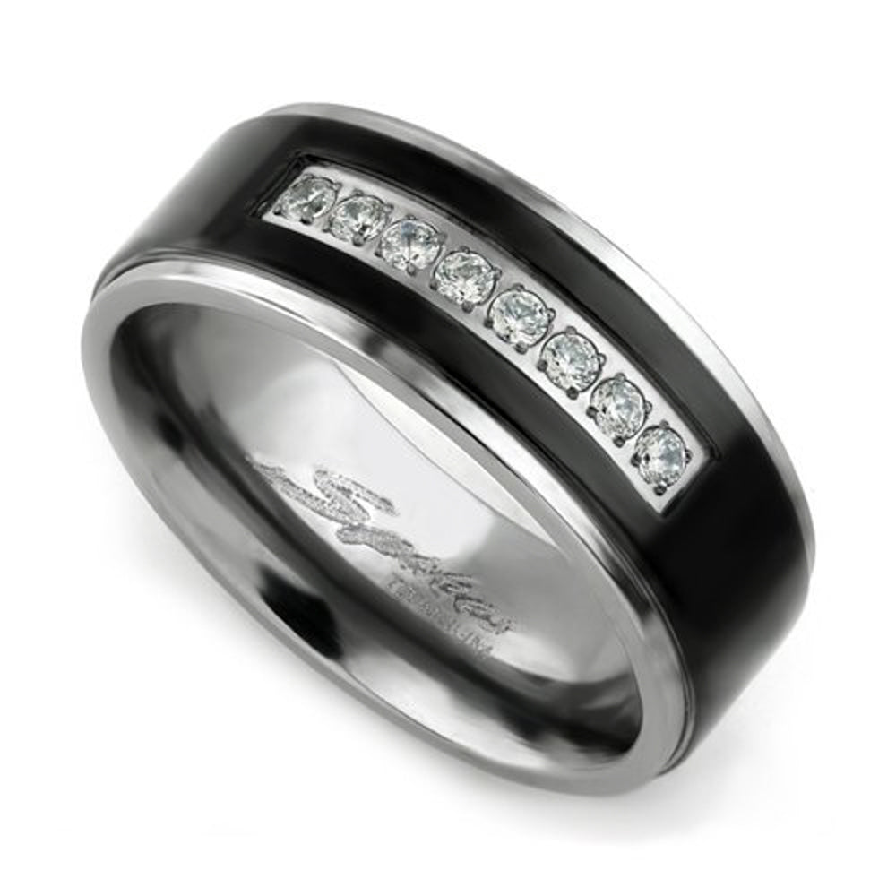 His and Her 4pc Black and Silver Stainless Steel and Titanium Wedding Ring Band Set Image 3