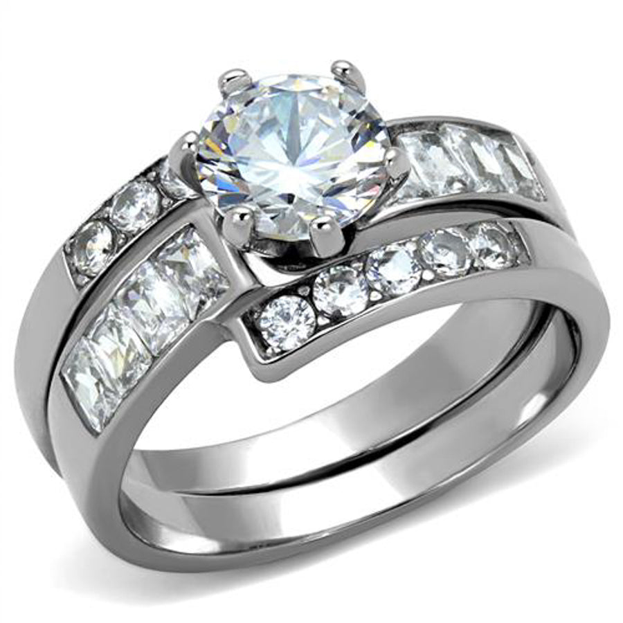 Stainless Steel 2.5 Ct Round Brilliant Cut AAA Zirconia Womens Wedding Ring Set Image 1