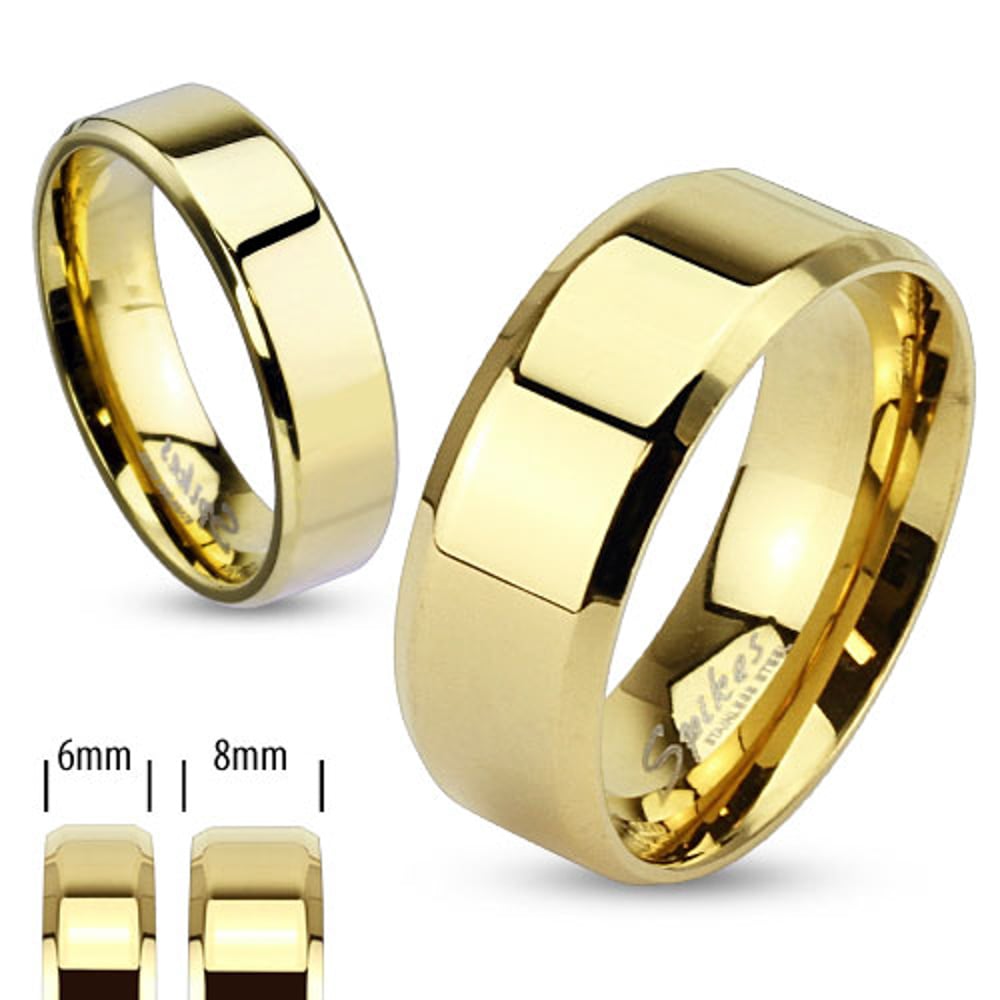 Stainless Steel 14k Gold Ion Plated Beveled Edge Flat Wedding Band Ring sz 5-14 Image 1