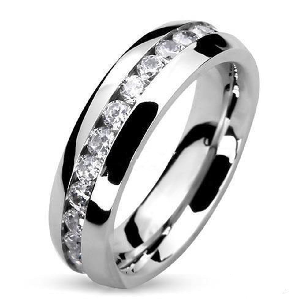 Stainless Steel Round Cut CZ Eternity Wedding Ring Band (4-8mm Wide) Sizes 4.5-13 Image 1