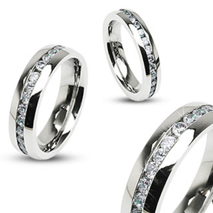 Stainless Steel Round Cut CZ Eternity Wedding Ring Band (4-8mm Wide) Sizes 4.5-13 Image 2