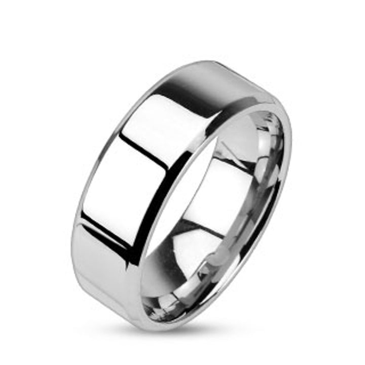 His and Hers Stainless Steel Princess Wedding Ring Set and Beveled Edge Wedding Band Image 3