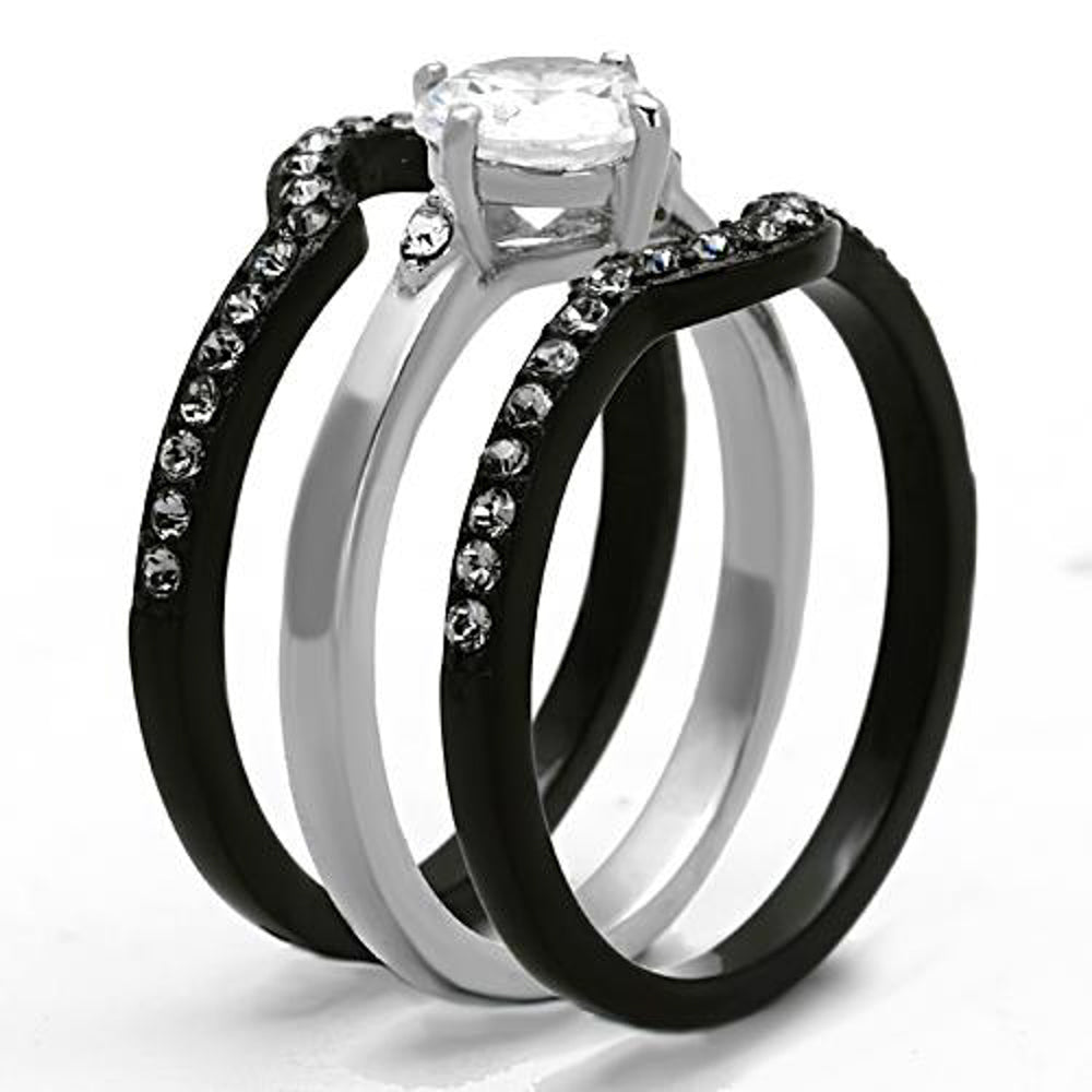 His and Hers 4 Pc Black Ion Plated Stainless Steel Wedding Engagement Ring Band Set Image 4