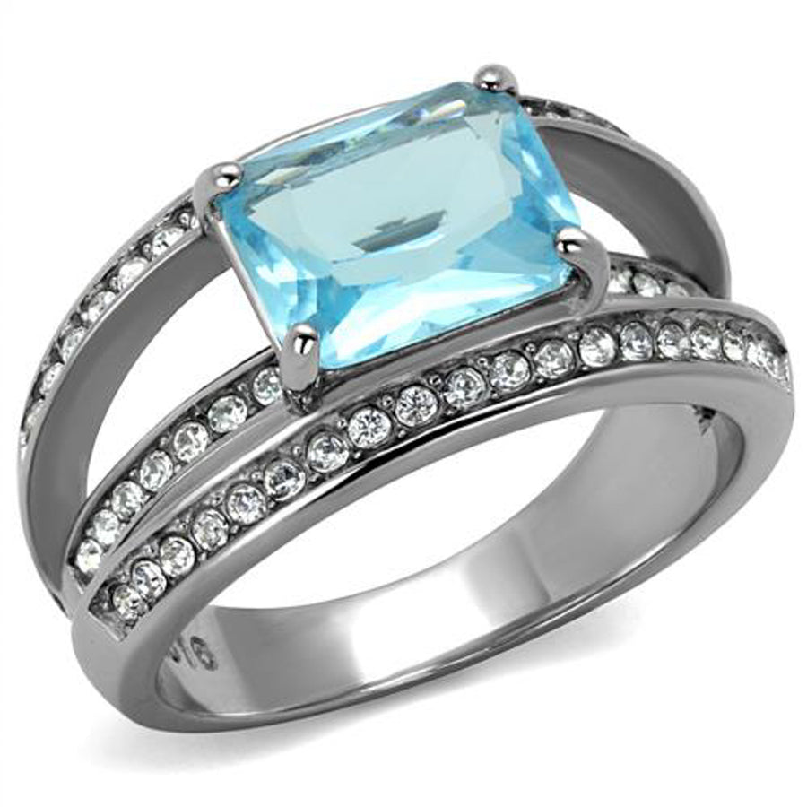 Womens Stainless Steel 4.07Ct Emerald Cut Sea Blue Crystal Cocktail Ring Sz 5-10 Image 1