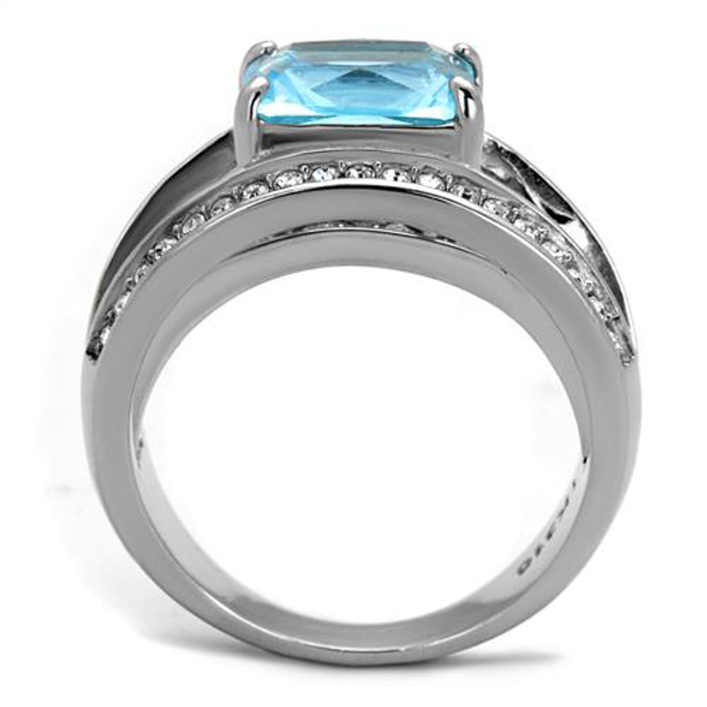 Womens Stainless Steel 4.07Ct Emerald Cut Sea Blue Crystal Cocktail Ring Sz 5-10 Image 2