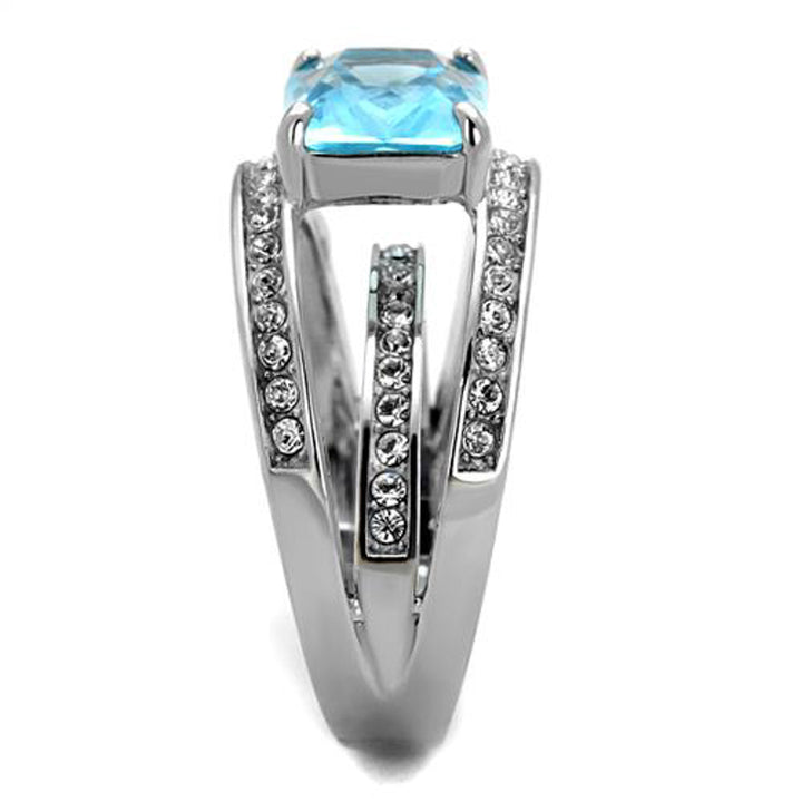 Womens Stainless Steel 4.07Ct Emerald Cut Sea Blue Crystal Cocktail Ring Sz 5-10 Image 4