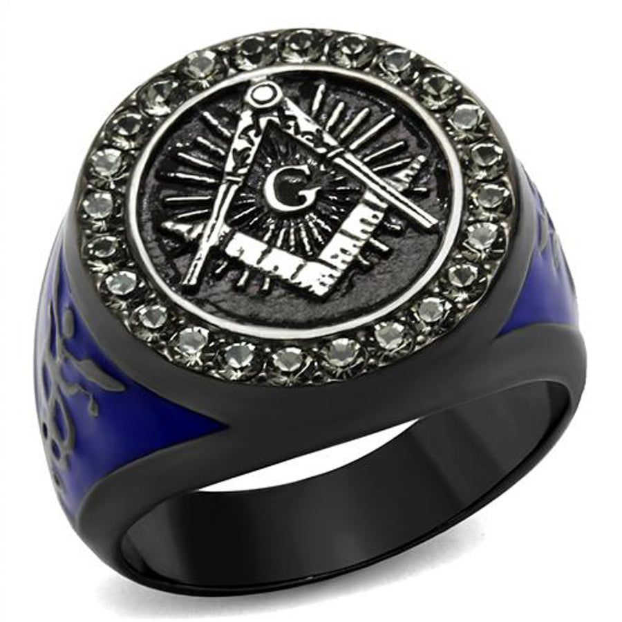 Stainless Steel Black and Blue Ion Plated Crystal Masonic Freemason Ring Sz 8-13 Image 1
