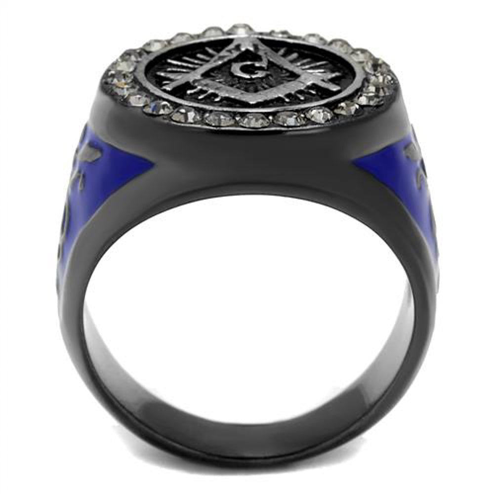 Stainless Steel Black and Blue Ion Plated Crystal Masonic Freemason Ring Sz 8-13 Image 2