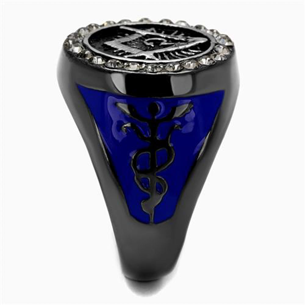 Stainless Steel Black and Blue Ion Plated Crystal Masonic Freemason Ring Sz 8-13 Image 3