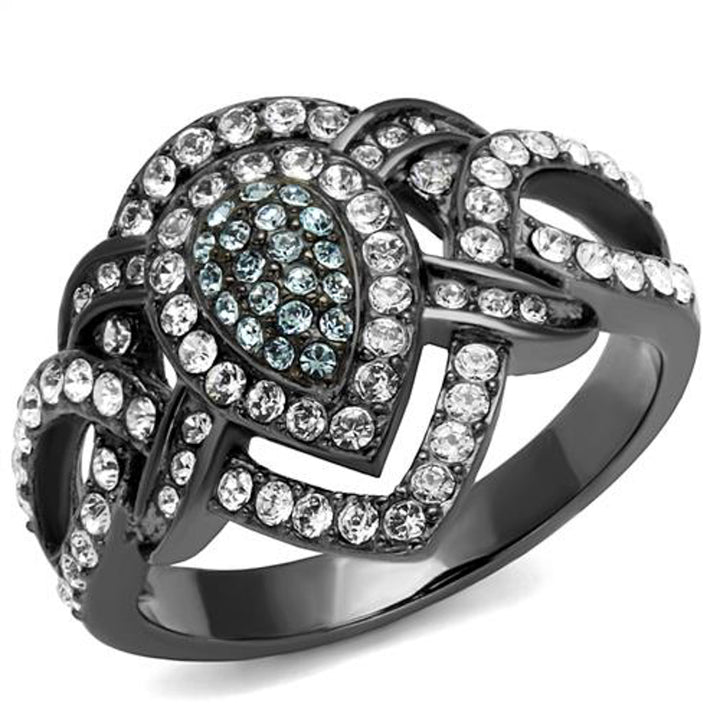 Light Black Stainless Steel Clear and Aqua Crystal Cocktail Ring Womens Size 5-10 Image 1