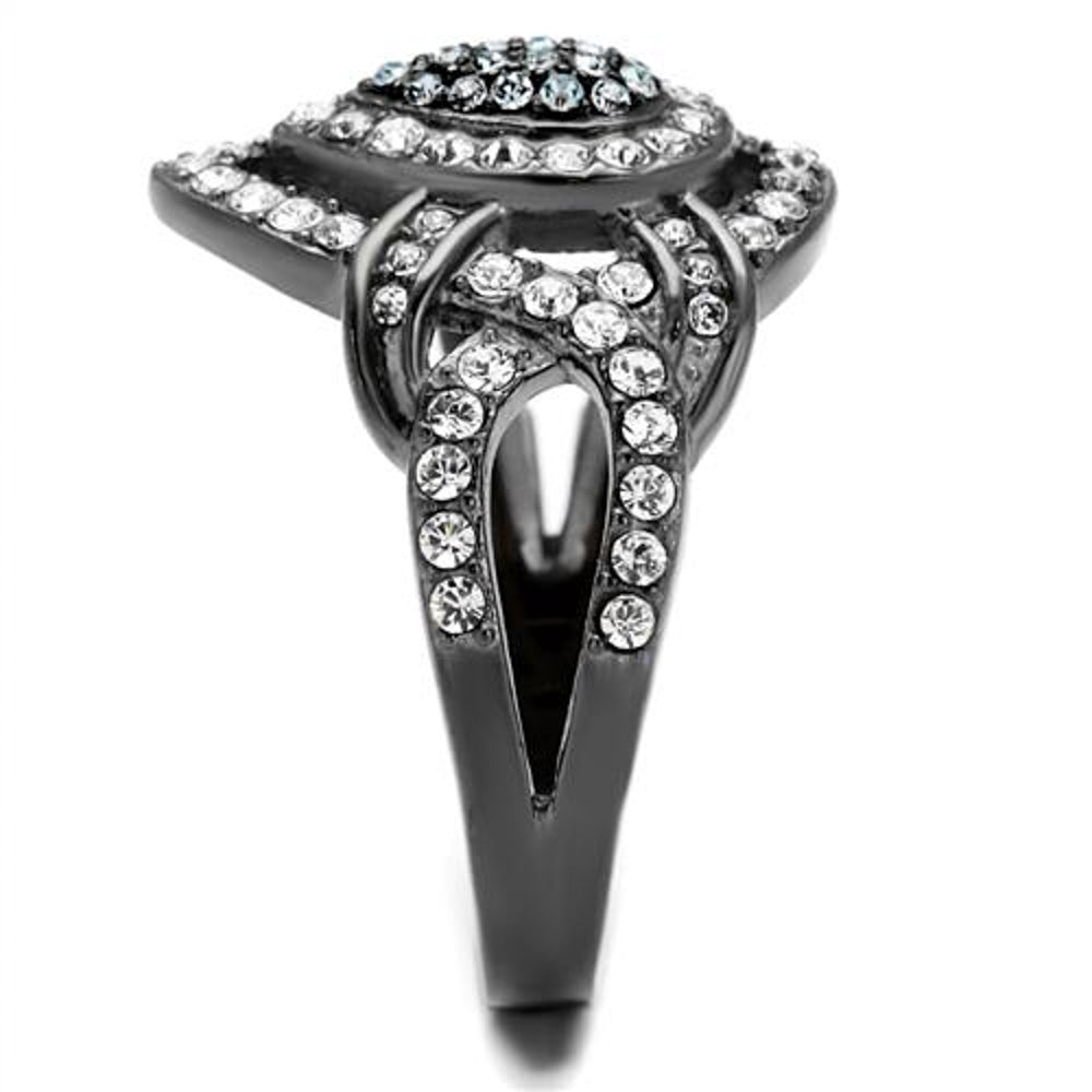 Light Black Stainless Steel Clear and Aqua Crystal Cocktail Ring Womens Size 5-10 Image 2