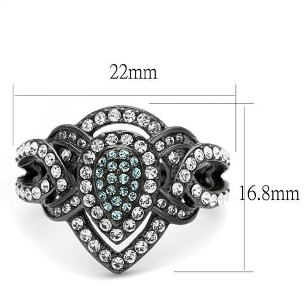 Light Black Stainless Steel Clear and Aqua Crystal Cocktail Ring Womens Size 5-10 Image 3
