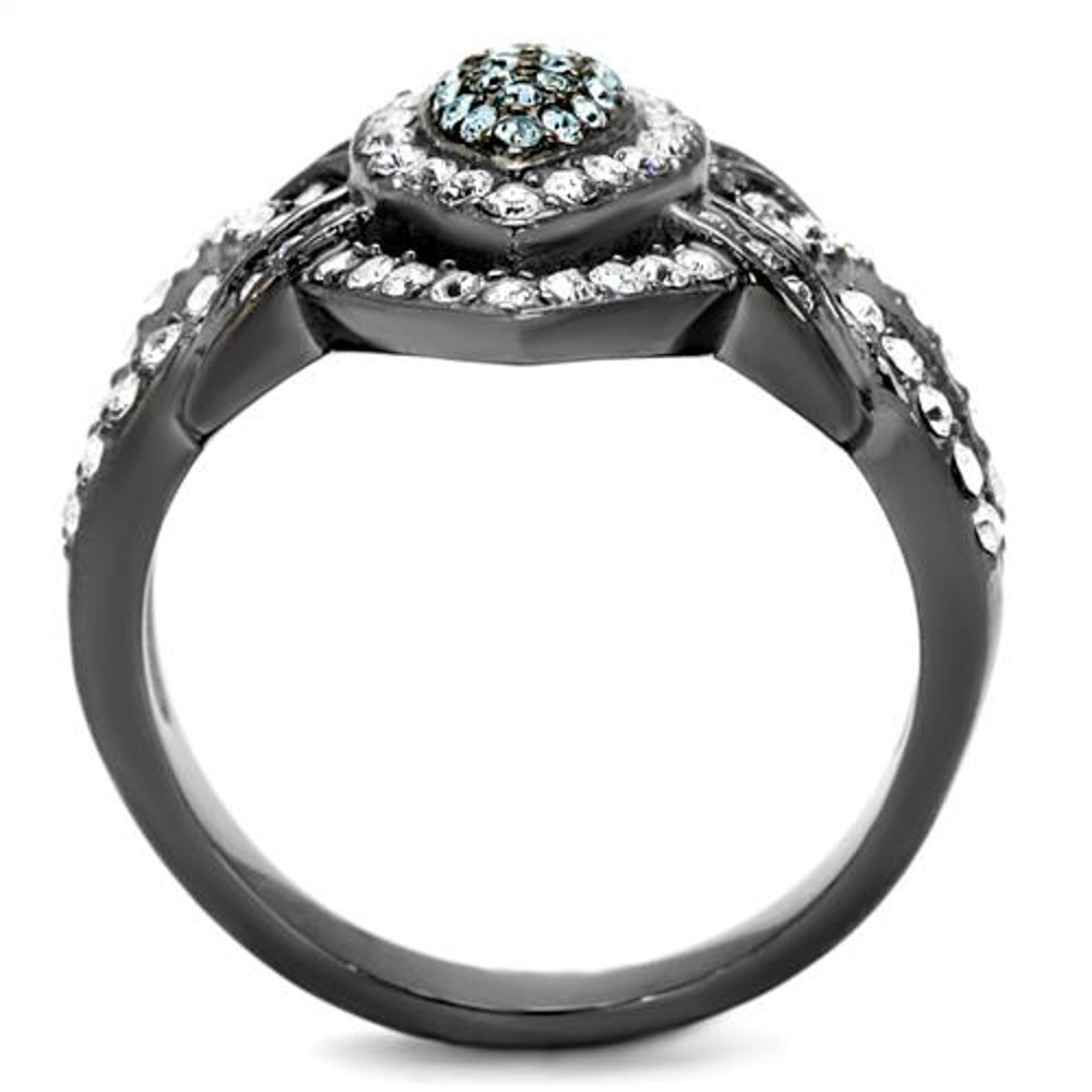 Light Black Stainless Steel Clear and Aqua Crystal Cocktail Ring Womens Size 5-10 Image 4