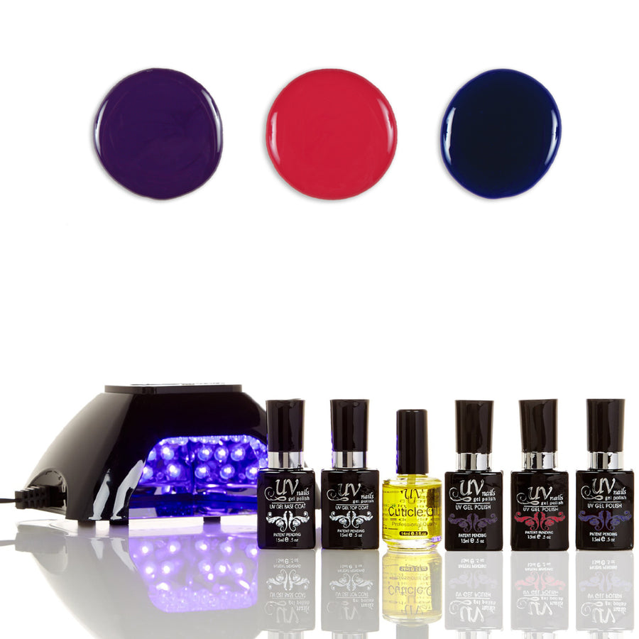 UV-NAILS Salon Quality Gel Polish Starter Kit with Black LED Lamp Colors: NE2-NE5-NE7 Image 1