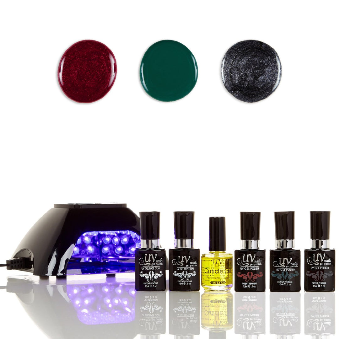 UV-NAILS Salon Quality Gel Polish Starter Kit with Black LED Lamp Colors:GL18-GL1-G70 Image 1