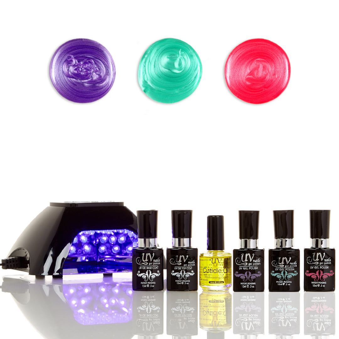 UV-NAILS Salon Quality Gel Polish Starter Kit with Black LED Lamp Colors: G75-G76-G77 Image 1