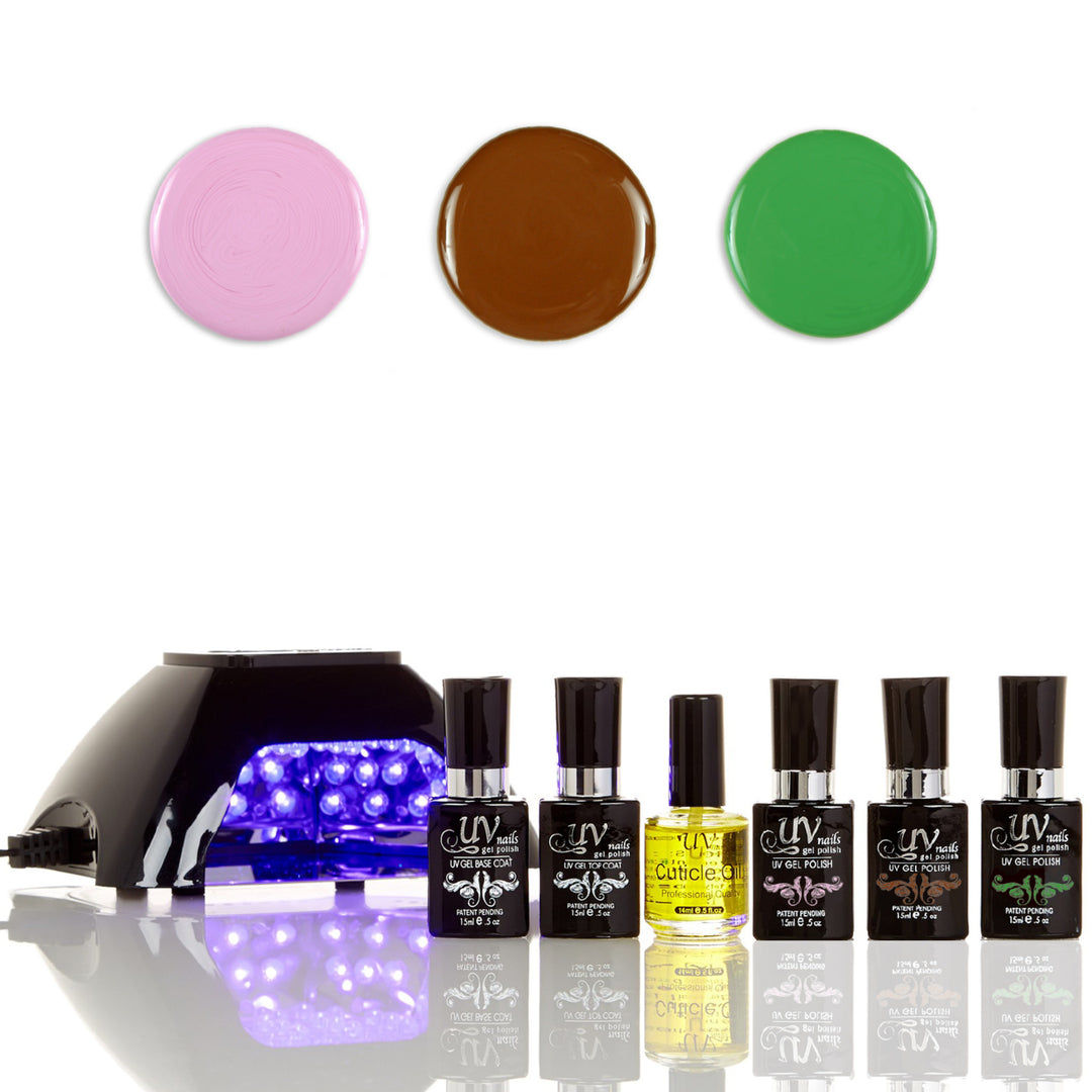 UV-NAILS Salon Quality Gel Polish Starter Kit with Black LED Lamp Colors: G66-G80-G19 Image 1